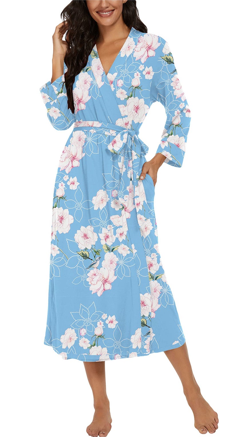 VINTATRE Women Kimono Robes Long Knit Bathrobe Lightweight Soft Knit Sleepwear V-neck Casual Ladies Loungewear FP-Light Blue-X-Large - Image 3